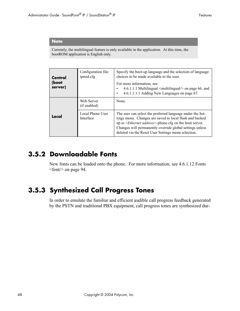 2 downloadable fonts, 3 synthesized call progress tones | Polycom Version 1.4.x 17 User Manual | Page 56 / 147