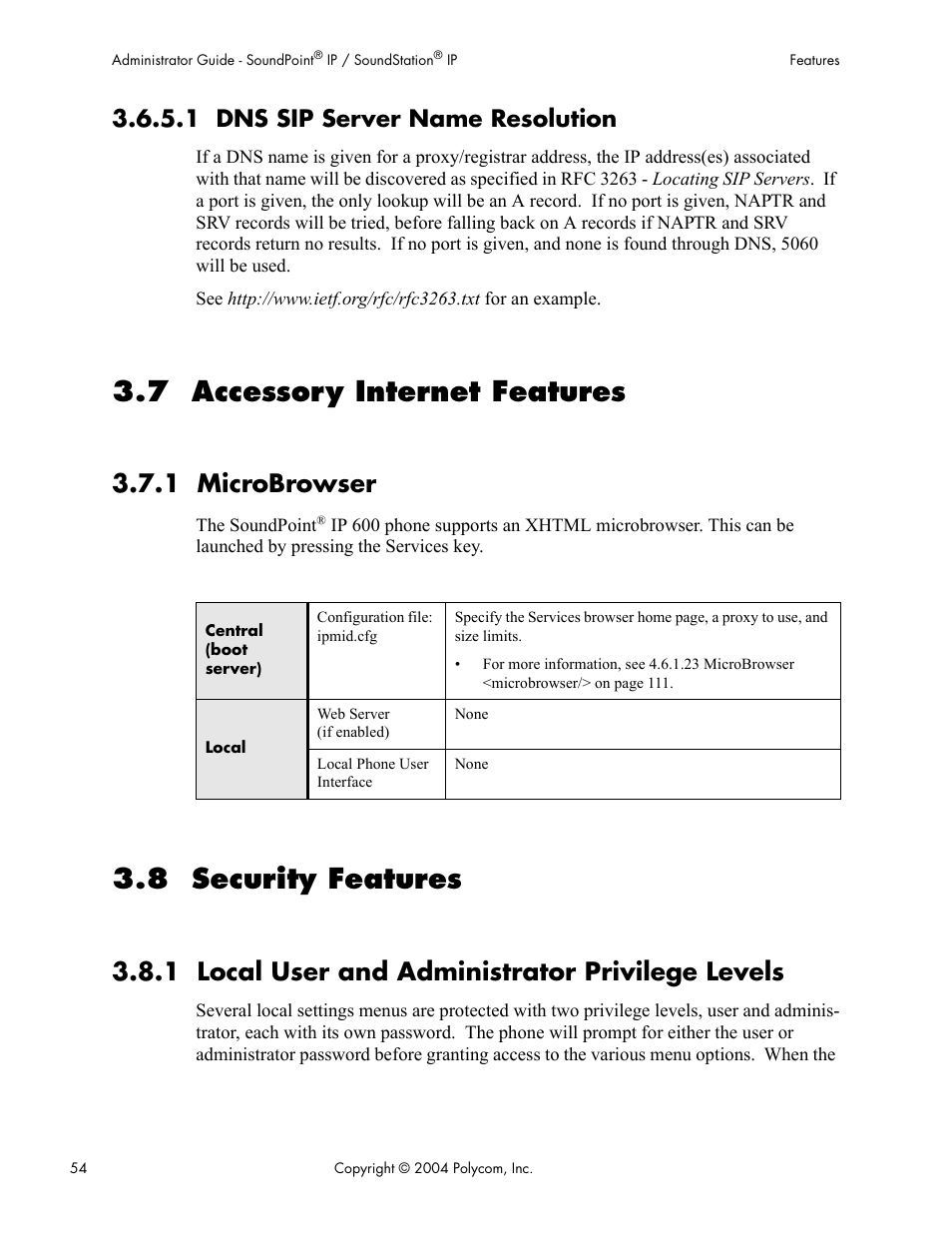 1 dns sip server name resolution, 7 accessory internet features, 1 microbrowser | 8 security features, 1 local user and administrator privilege levels | Polycom Version 1.4.x 17 User Manual | Page 62 / 147