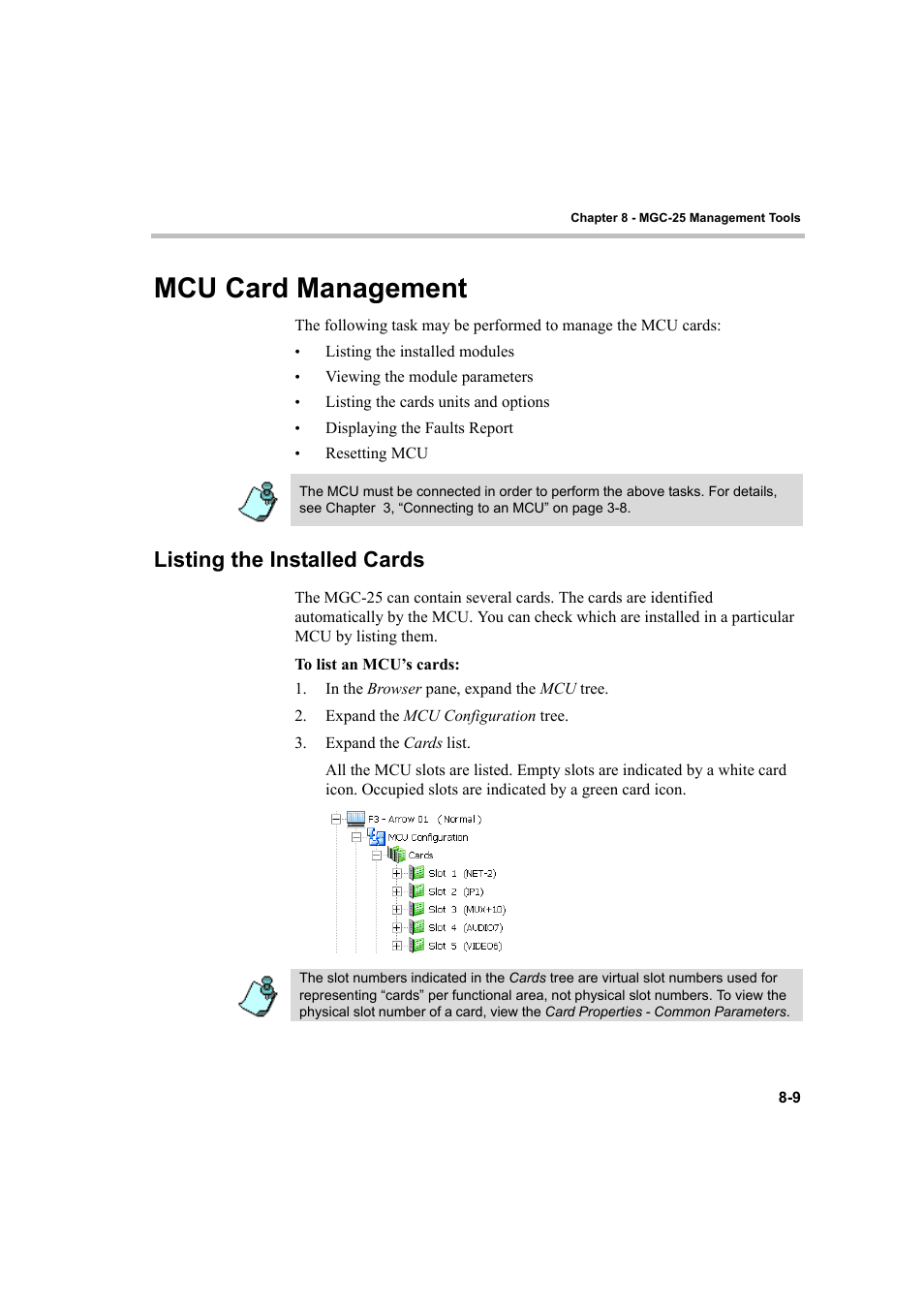 Mcu card management, Listing the installed cards, Mcu card management -9 | Listing the installed cards -9 | Polycom DOC2232A User Manual | Page 103 / 132
