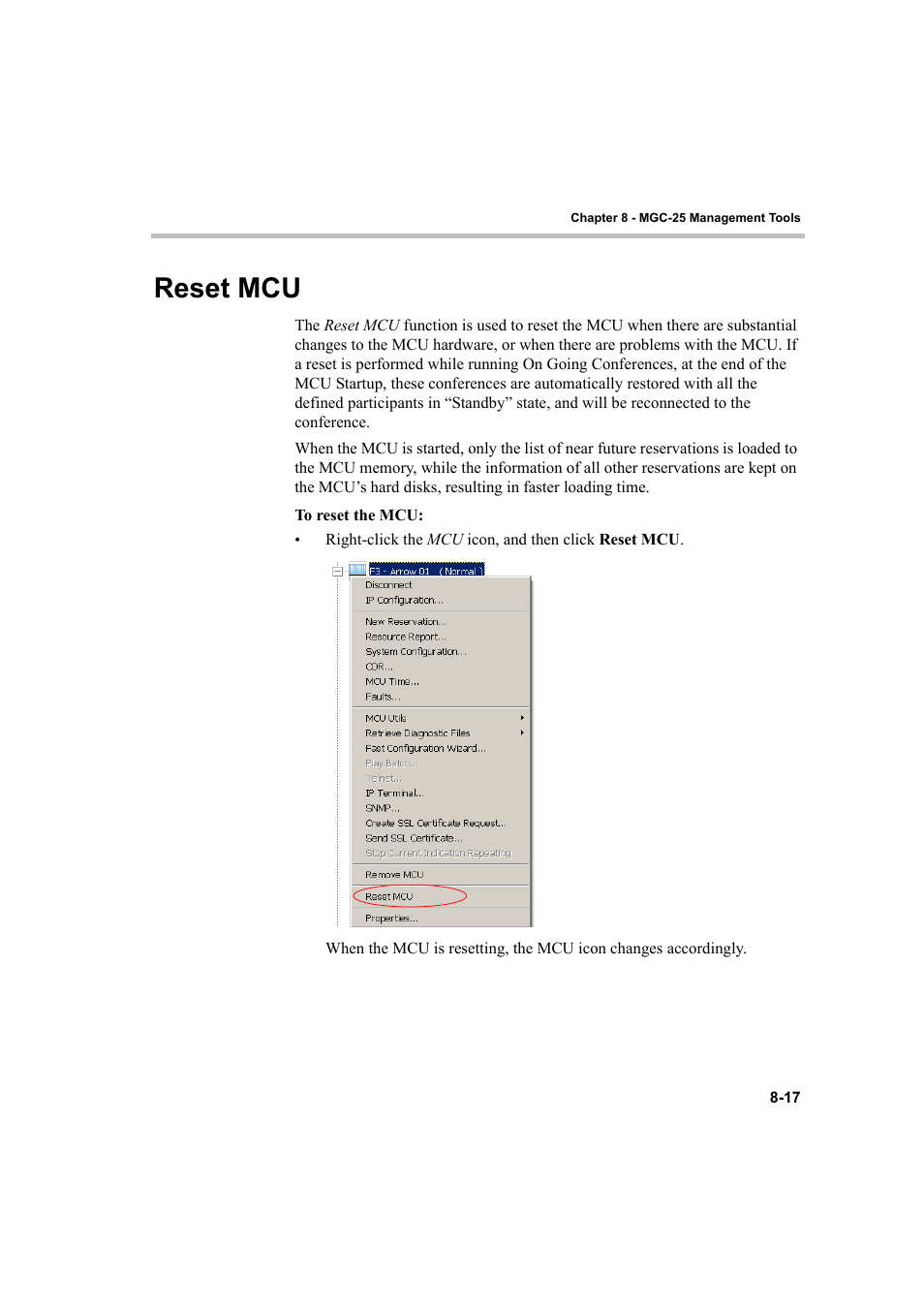 Reset mcu, Reset mcu -17 | Polycom DOC2232A User Manual | Page 111 / 132