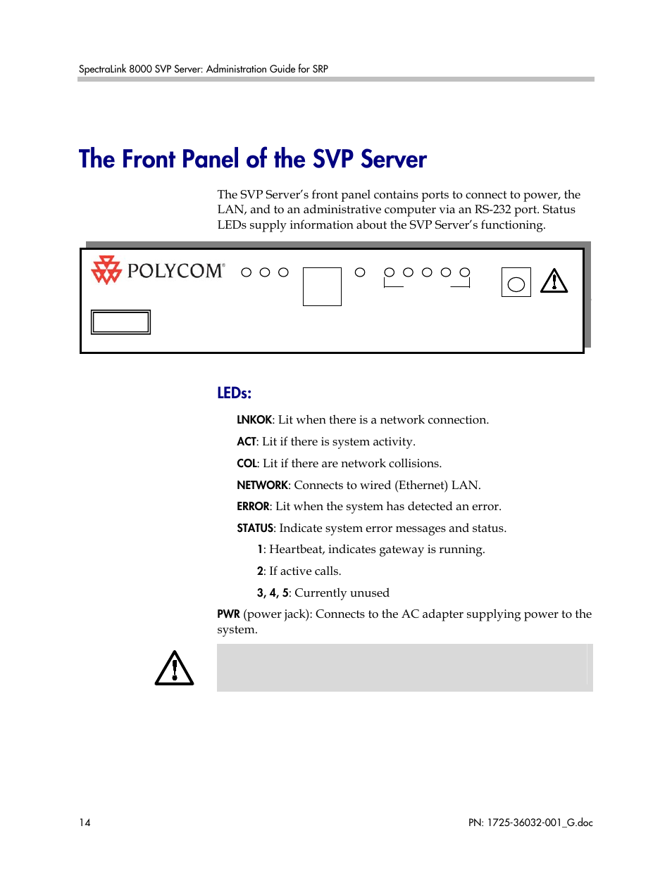 The front panel of the svp server, Leds | Polycom SpectraLink 8000 User Manual | Page 14 / 40