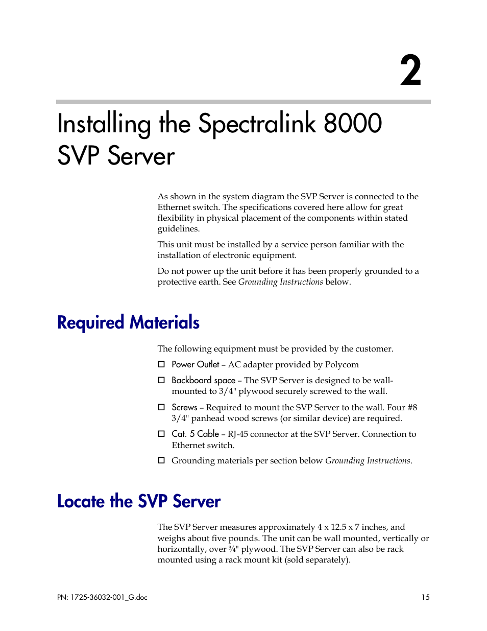 Installing the spectralink 8000 svp server, Required materials, Locate the svp server | Required materials locate the svp server | Polycom SpectraLink 8000 User Manual | Page 15 / 40