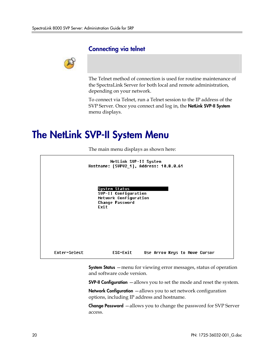 The netlink svp-ii system menu, Connecting via telnet | Polycom SpectraLink 8000 User Manual | Page 20 / 40