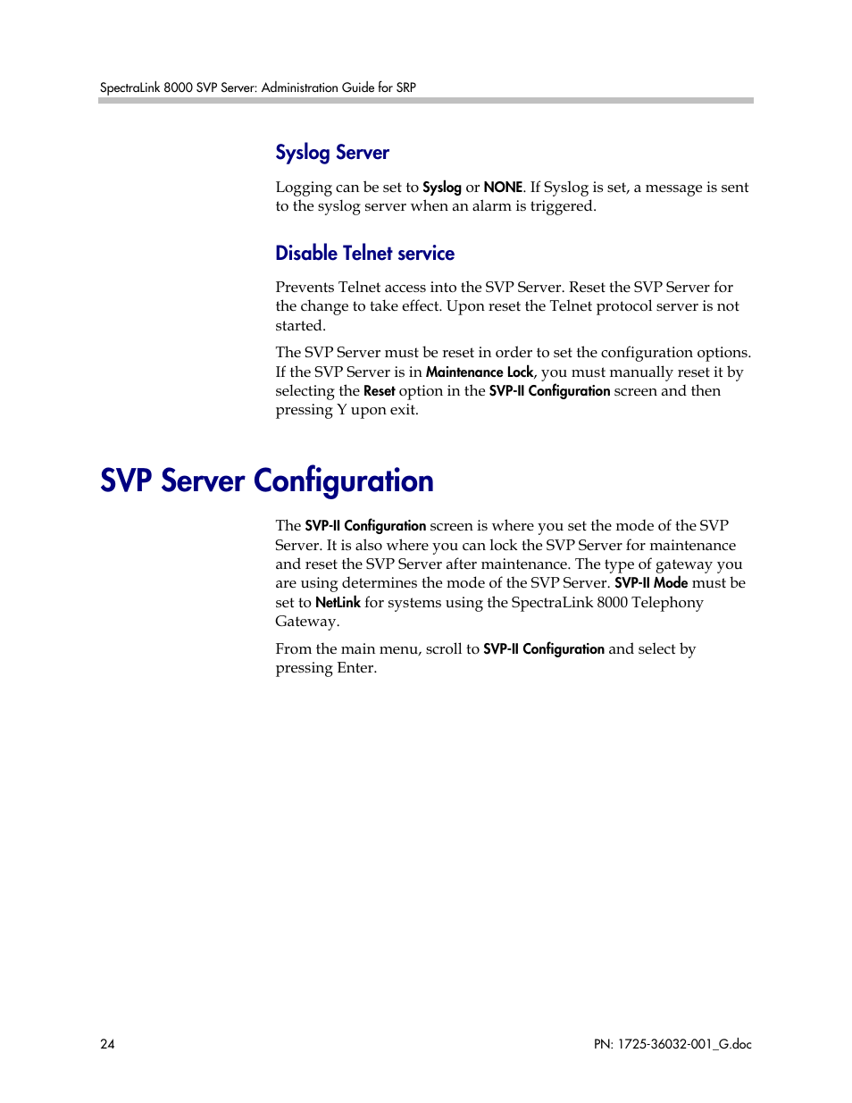 Svp server configuration, Syslog server, Disable telnet service | Polycom SpectraLink 8000 User Manual | Page 24 / 40