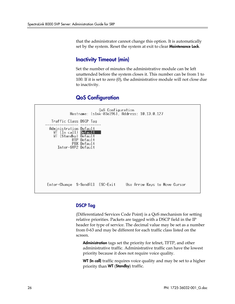 Inactivity timeout (min), Qos configuration | Polycom SpectraLink 8000 User Manual | Page 26 / 40