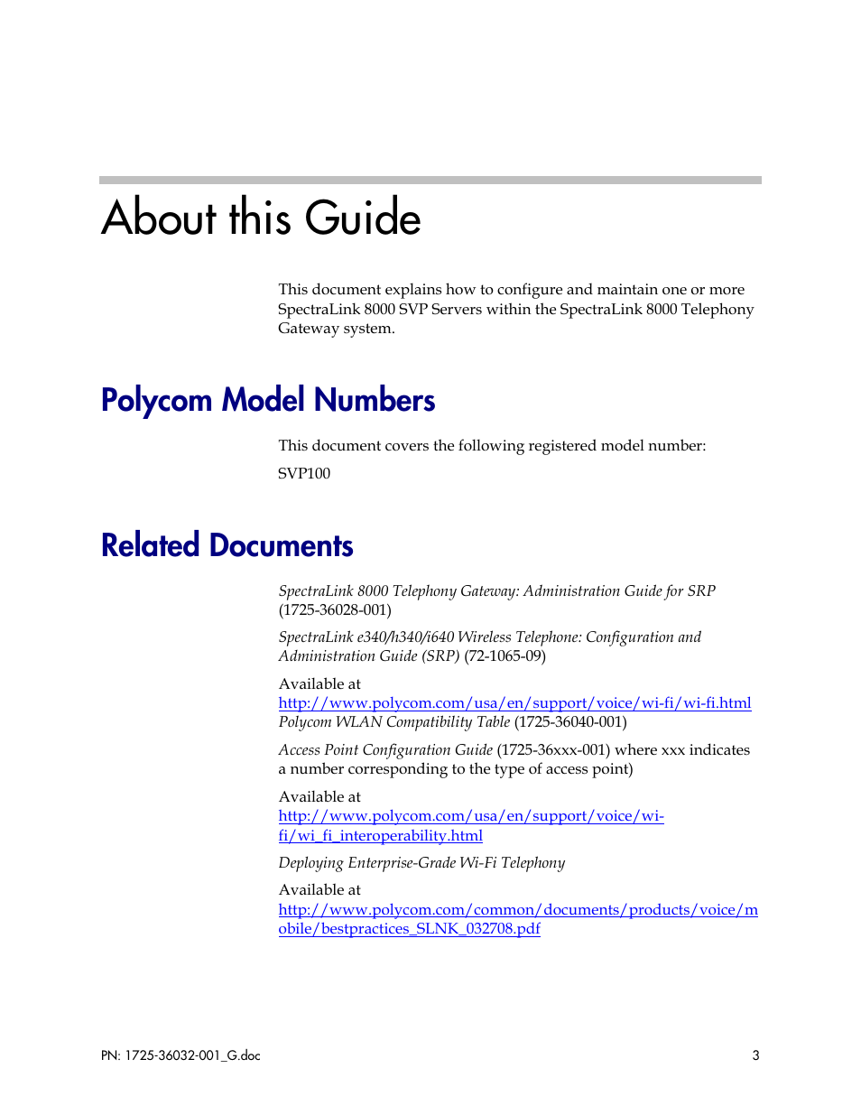 About this guide, Polycom model numbers, Related documents | Polycom SpectraLink 8000 User Manual | Page 3 / 40