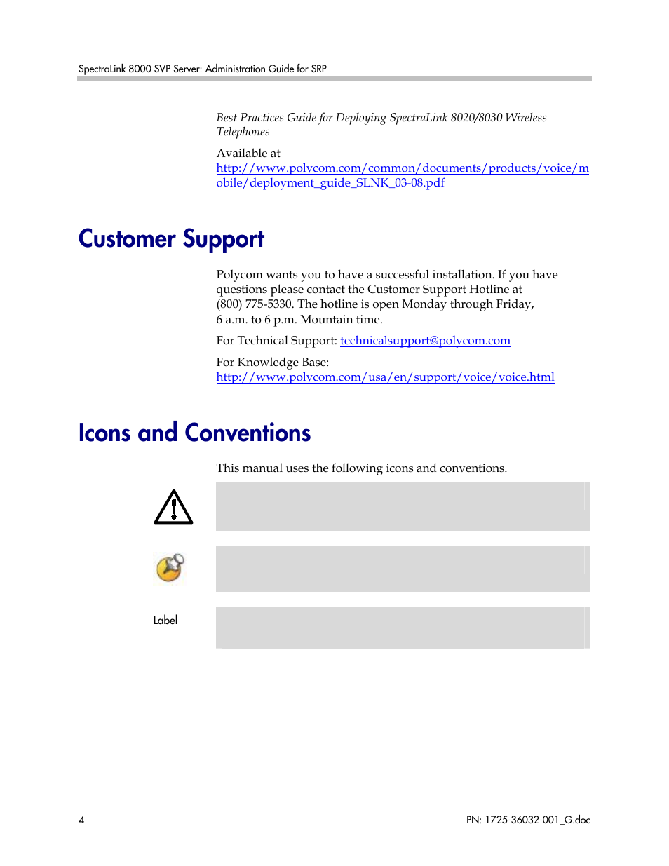 Customer support, Icons and conventions | Polycom SpectraLink 8000 User Manual | Page 4 / 40