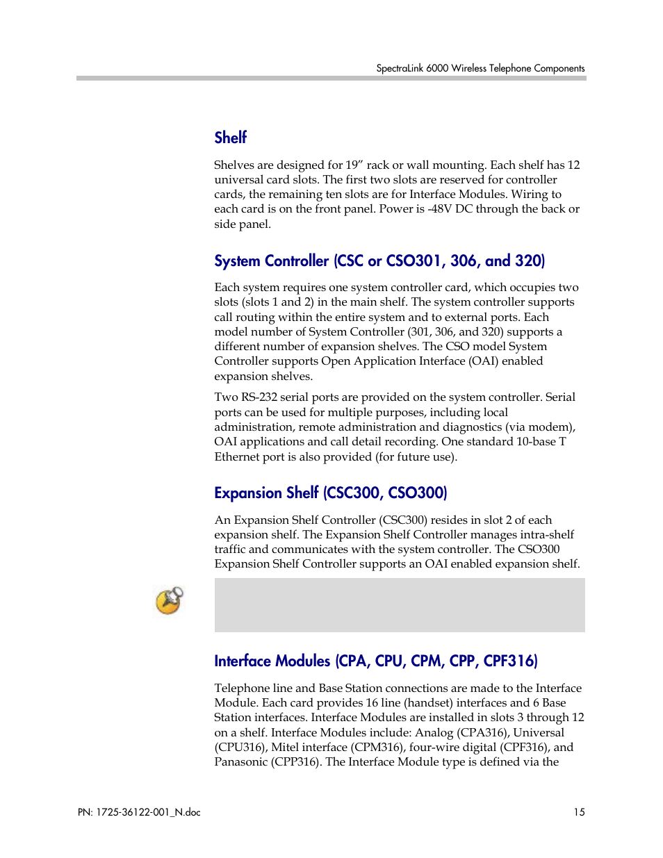 Shelf, System controller (csc or cso301, 306, and 320), Expansion shelf (csc300, cso300) | Interface modules (cpa, cpu, cpm, cpp, cpf316) | Polycom SpectraLink RCO400 User Manual | Page 15 / 68