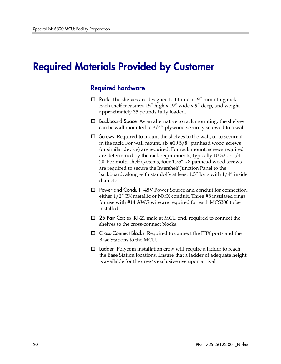 Required materials provided by customer, Required hardware | Polycom SpectraLink RCO400 User Manual | Page 20 / 68