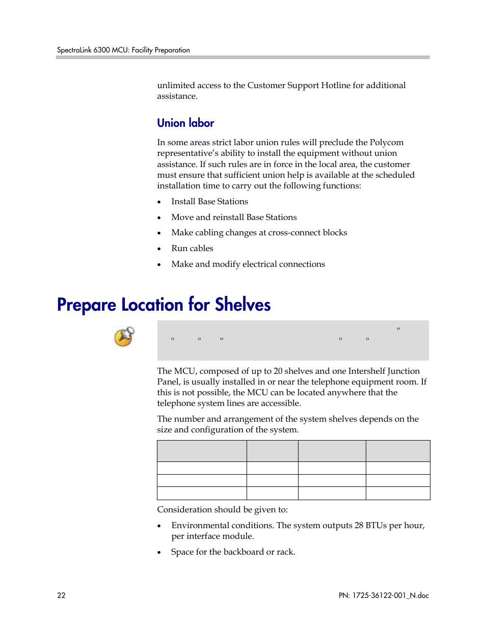 Union labor, Prepare location for shelves | Polycom SpectraLink RCO400 User Manual | Page 22 / 68