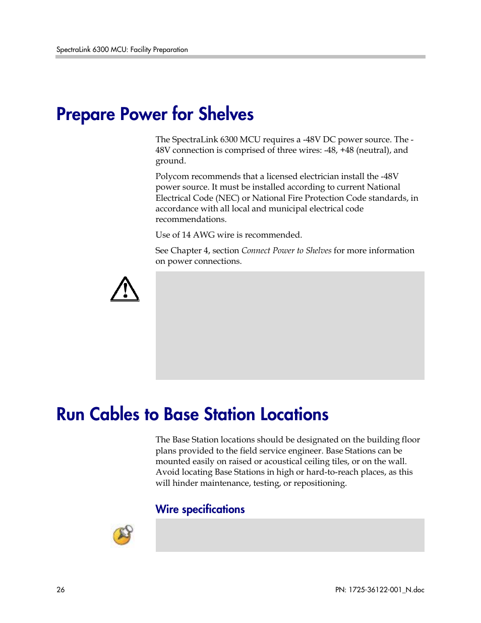 Prepare power for shelves, Run cables to base station locations, Wire specifications | Polycom SpectraLink RCO400 User Manual | Page 26 / 68