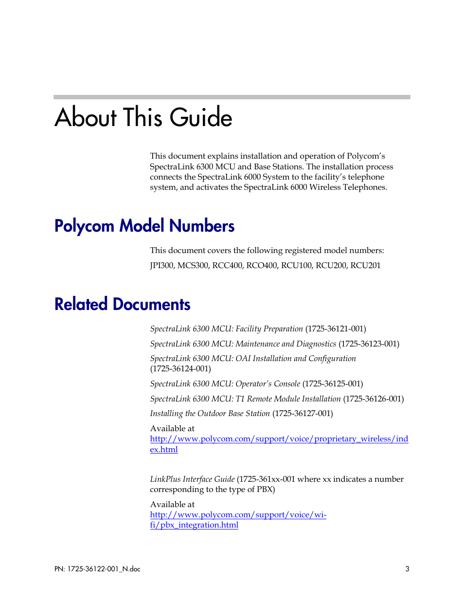 About this guide, Polycom model numbers, Related documents | Polycom SpectraLink RCO400 User Manual | Page 3 / 68