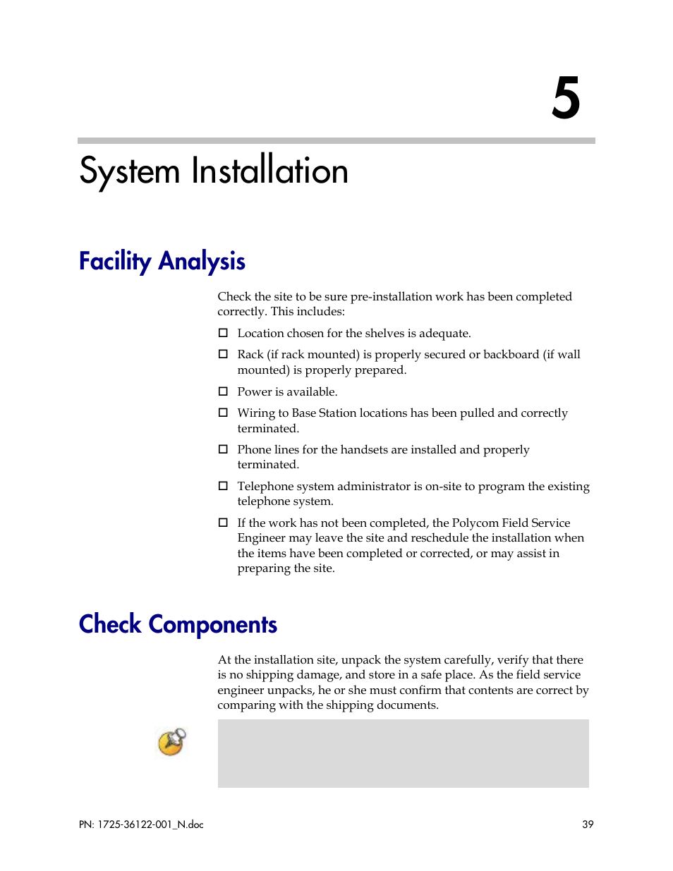 System installation, Facility analysis, Check components | Facility analysis check components | Polycom SpectraLink RCO400 User Manual | Page 39 / 68