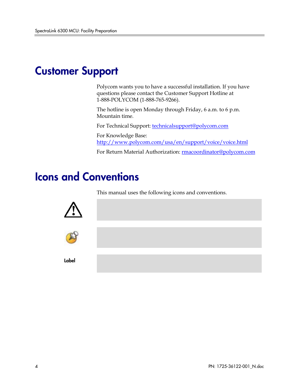 Customer support, Icons and conventions | Polycom SpectraLink RCO400 User Manual | Page 4 / 68