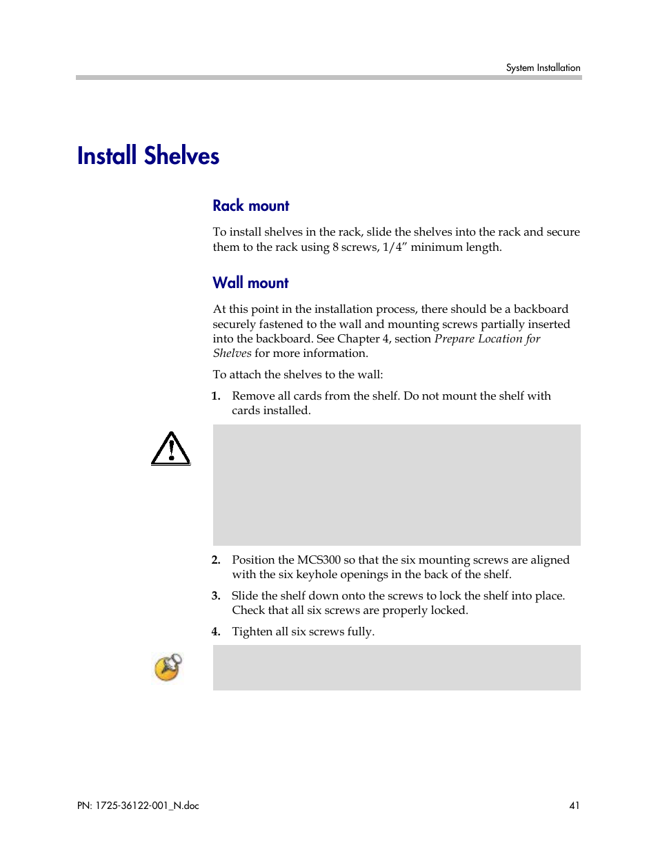 Install shelves, Rack mount, Wall mount | Polycom SpectraLink RCO400 User Manual | Page 41 / 68