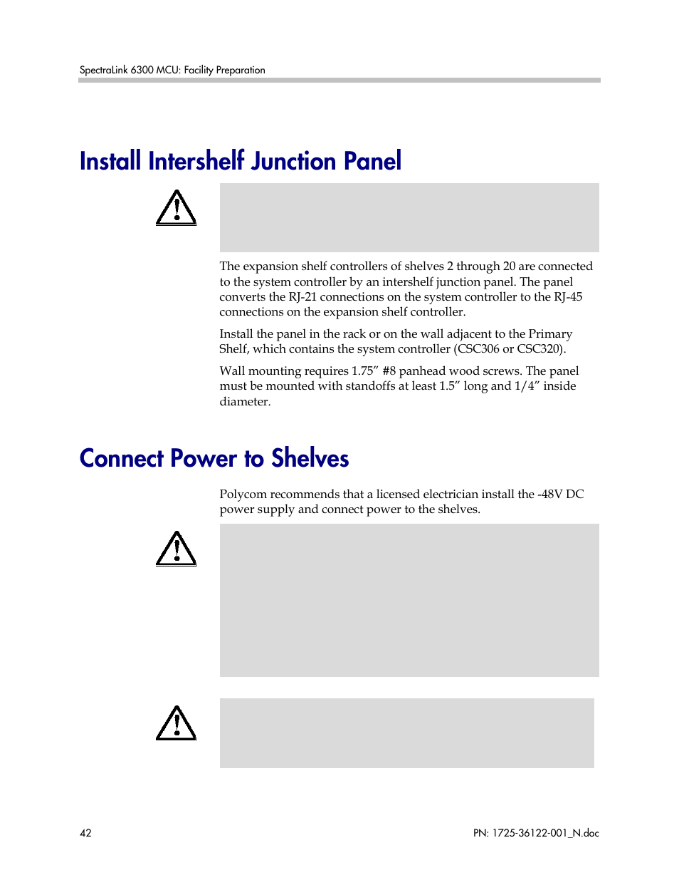 Install intershelf junction panel, Connect power to shelves | Polycom SpectraLink RCO400 User Manual | Page 42 / 68