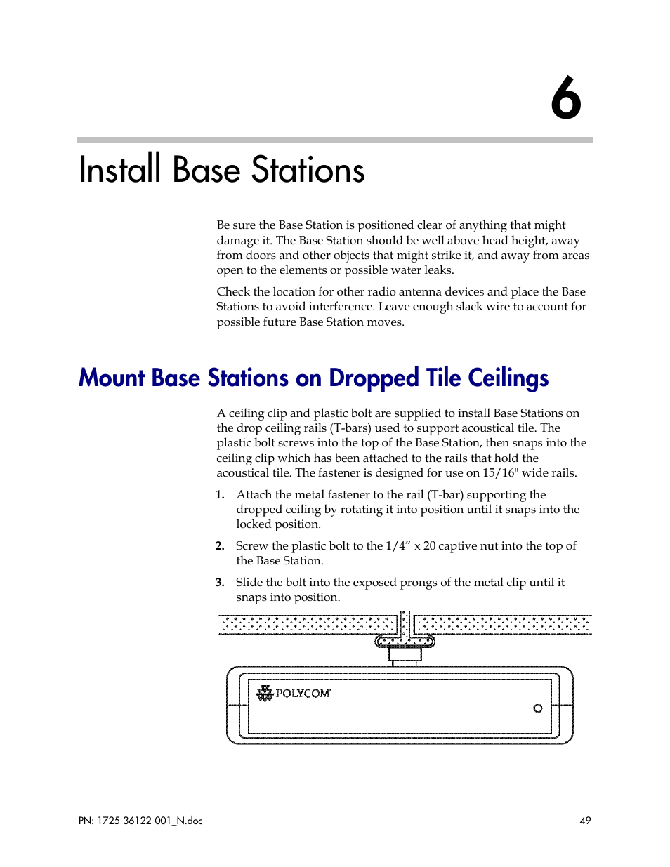 Install base stations, Mount base stations on dropped tile ceilings | Polycom SpectraLink RCO400 User Manual | Page 49 / 68