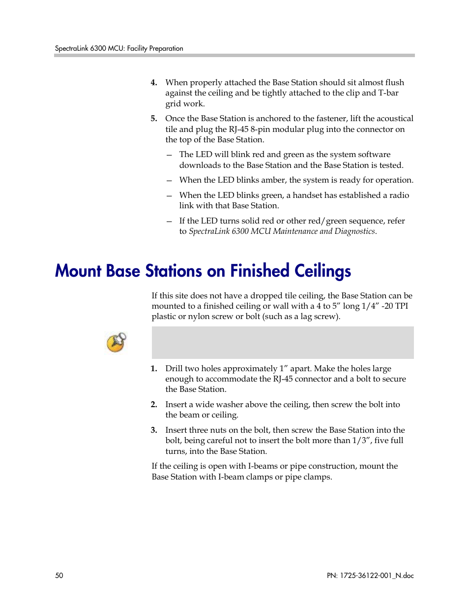 Mount base stations on finished ceilings | Polycom SpectraLink RCO400 User Manual | Page 50 / 68