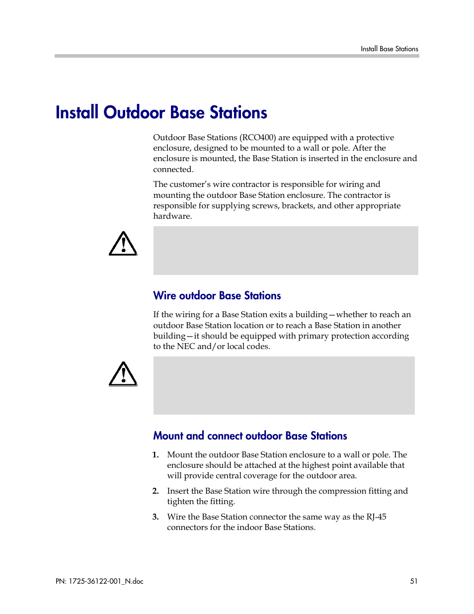 Install outdoor base stations, Wire outdoor base stations, Mount and connect outdoor base stations | Polycom SpectraLink RCO400 User Manual | Page 51 / 68