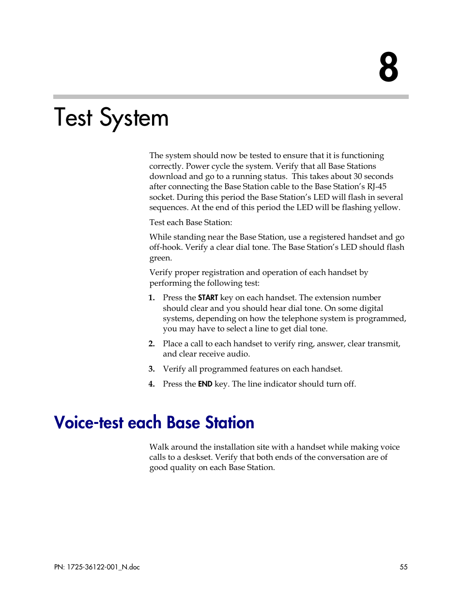 Test system, Voice-test each base station | Polycom SpectraLink RCO400 User Manual | Page 55 / 68