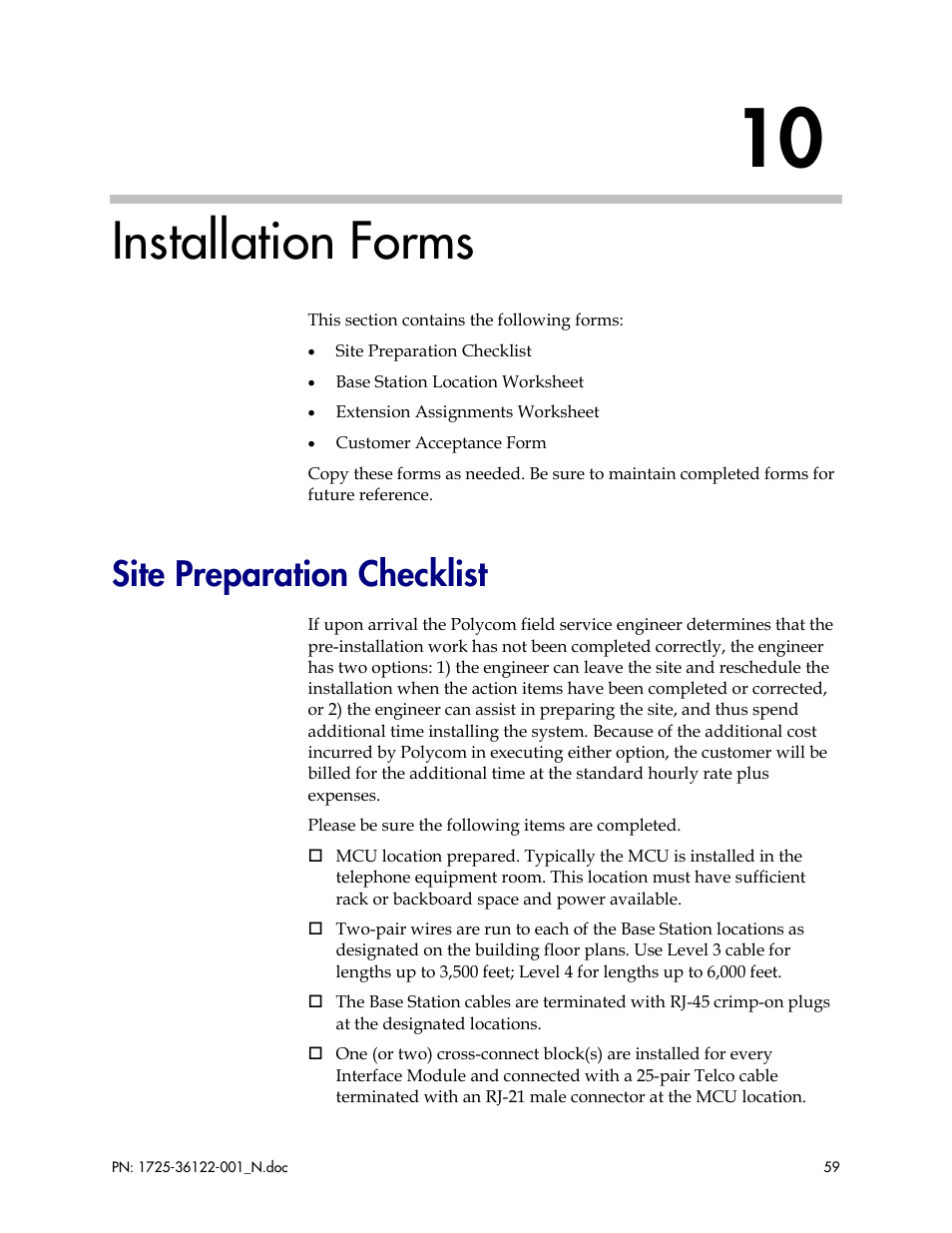 Installation forms, Site preparation checklist | Polycom SpectraLink RCO400 User Manual | Page 59 / 68