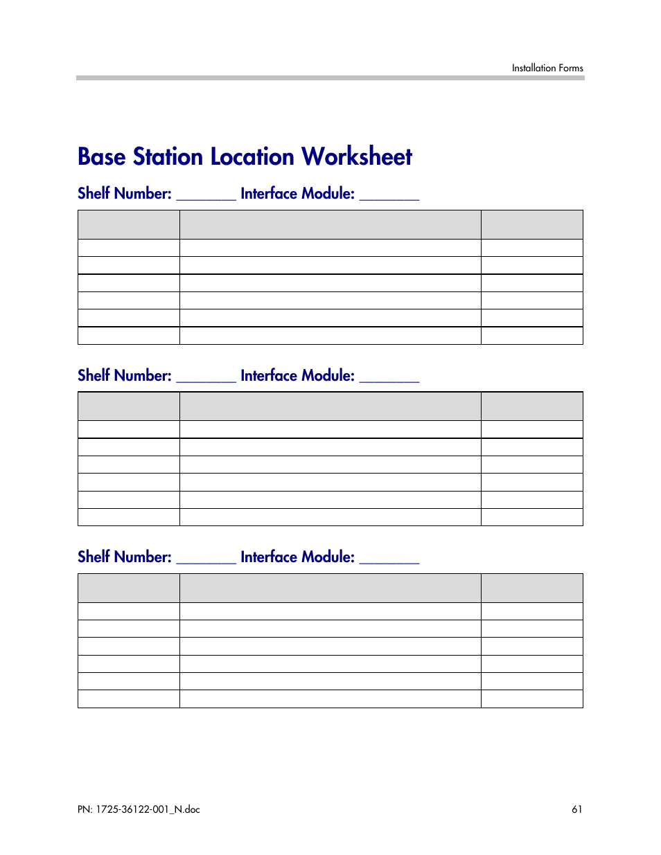 Base station location worksheet, Shelf number: ________ interface module | Polycom SpectraLink RCO400 User Manual | Page 61 / 68