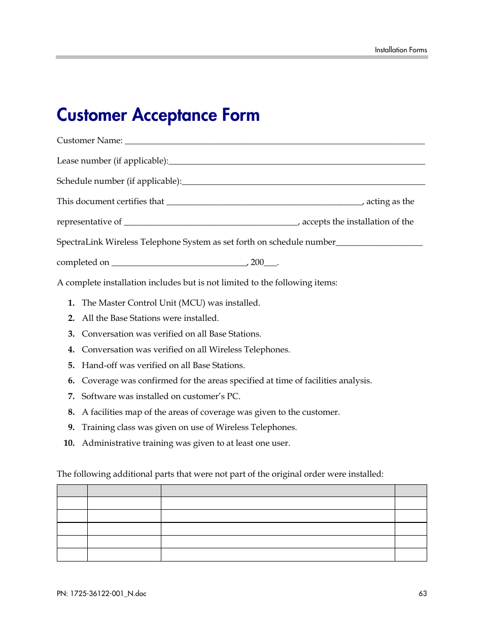 Customer acceptance form | Polycom SpectraLink RCO400 User Manual | Page 63 / 68