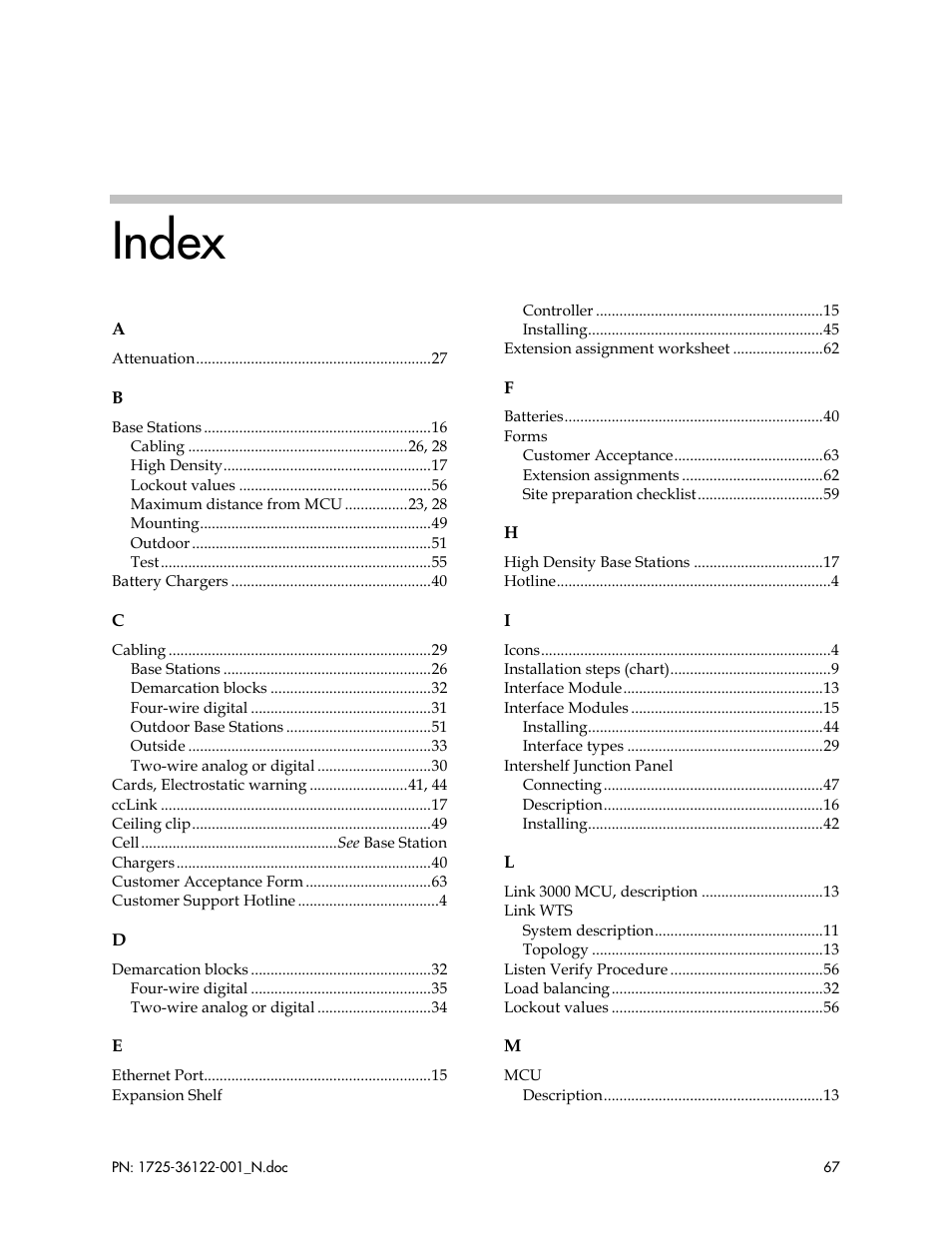 Index | Polycom SpectraLink RCO400 User Manual | Page 67 / 68