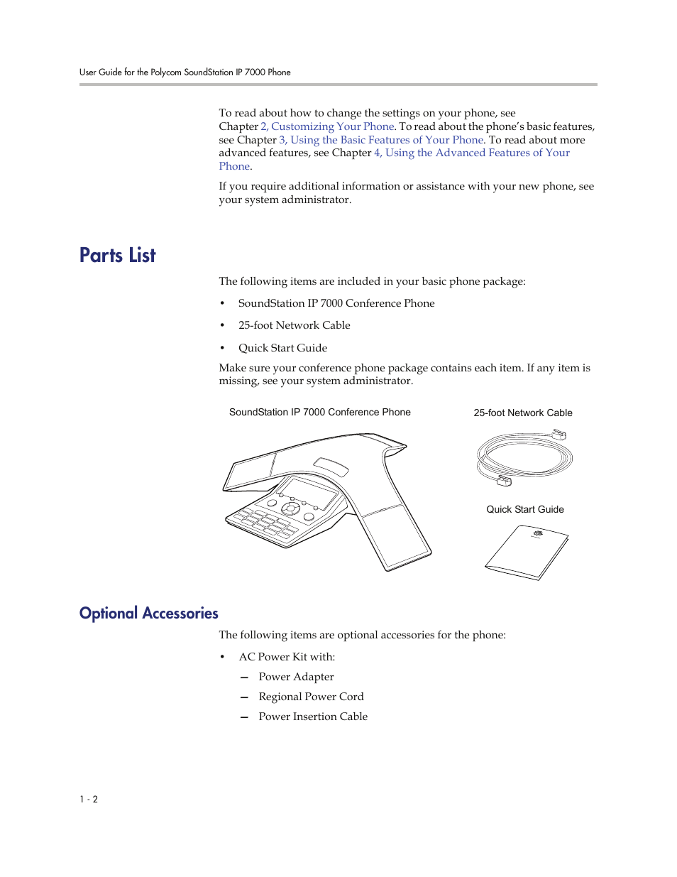 Parts list, Optional accessories, Parts list -2 | Optional accessories -2 | Polycom 7000 User Manual | Page 10 / 130