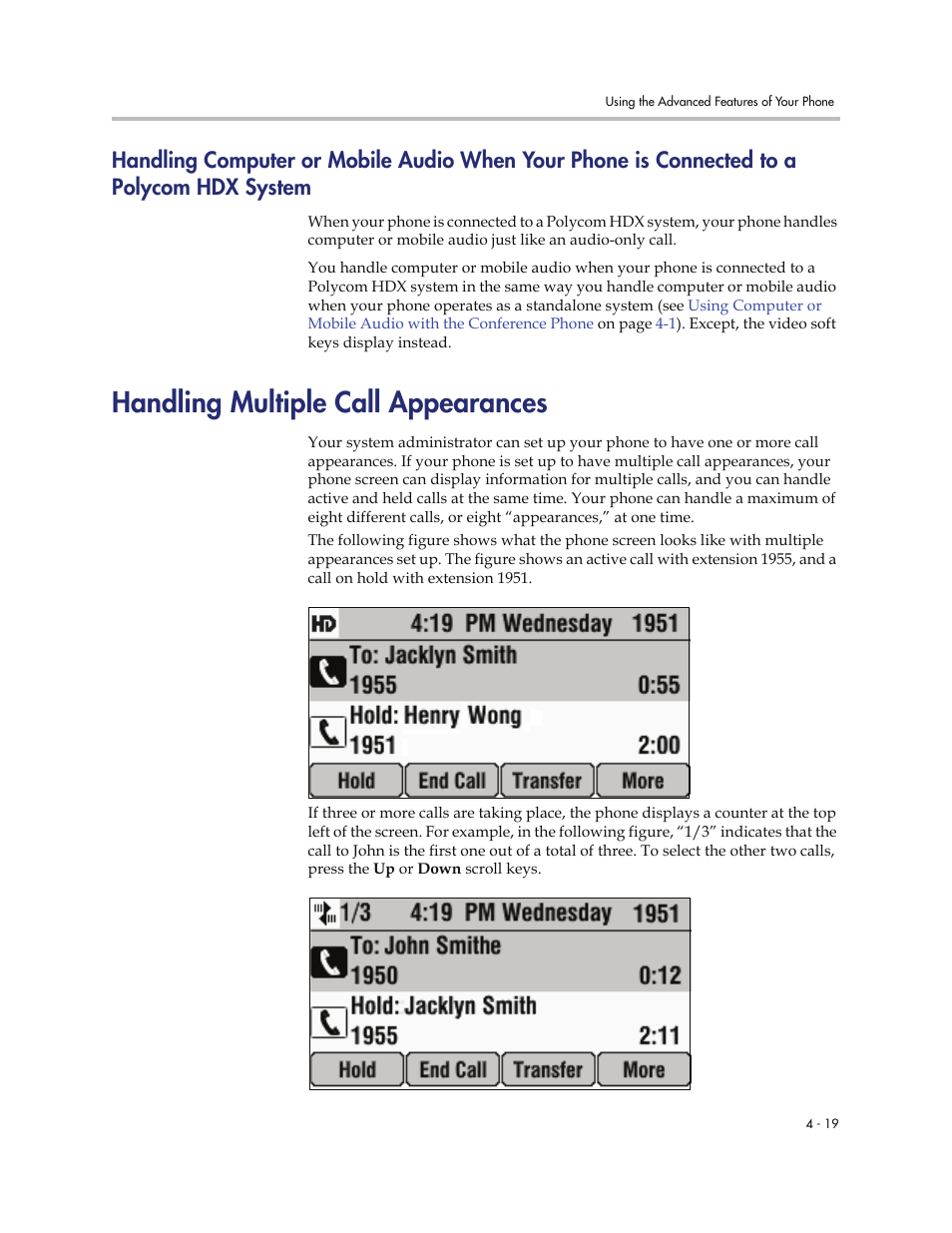 Handling multiple call appearances, Handling multiple call appearances -19, Handling | Iple call appearances, see, Handling multiple, Call appearances | Polycom 7000 User Manual | Page 105 / 130