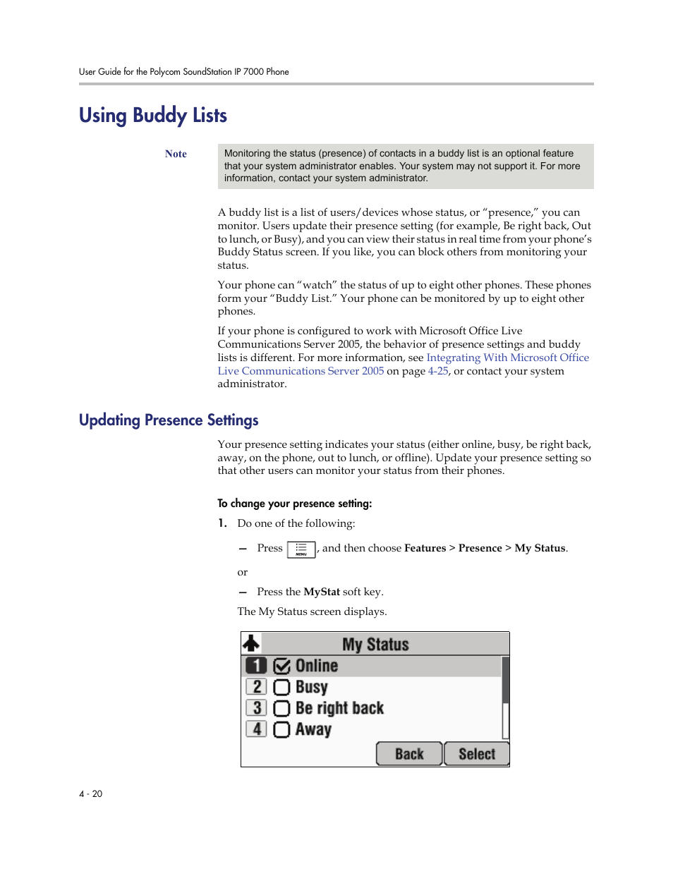 Using buddy lists, Updating presence settings, Using buddy lists -20 | Updating presence settings -20, Atus list. see | Polycom 7000 User Manual | Page 106 / 130