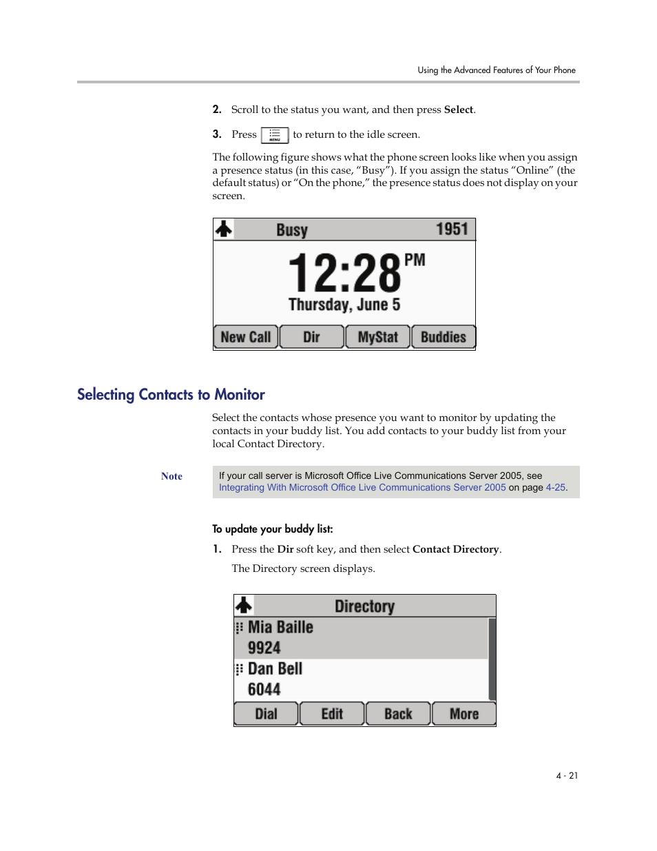 Selecting contacts to monitor, Selecting contacts to monitor -21 | Polycom 7000 User Manual | Page 107 / 130