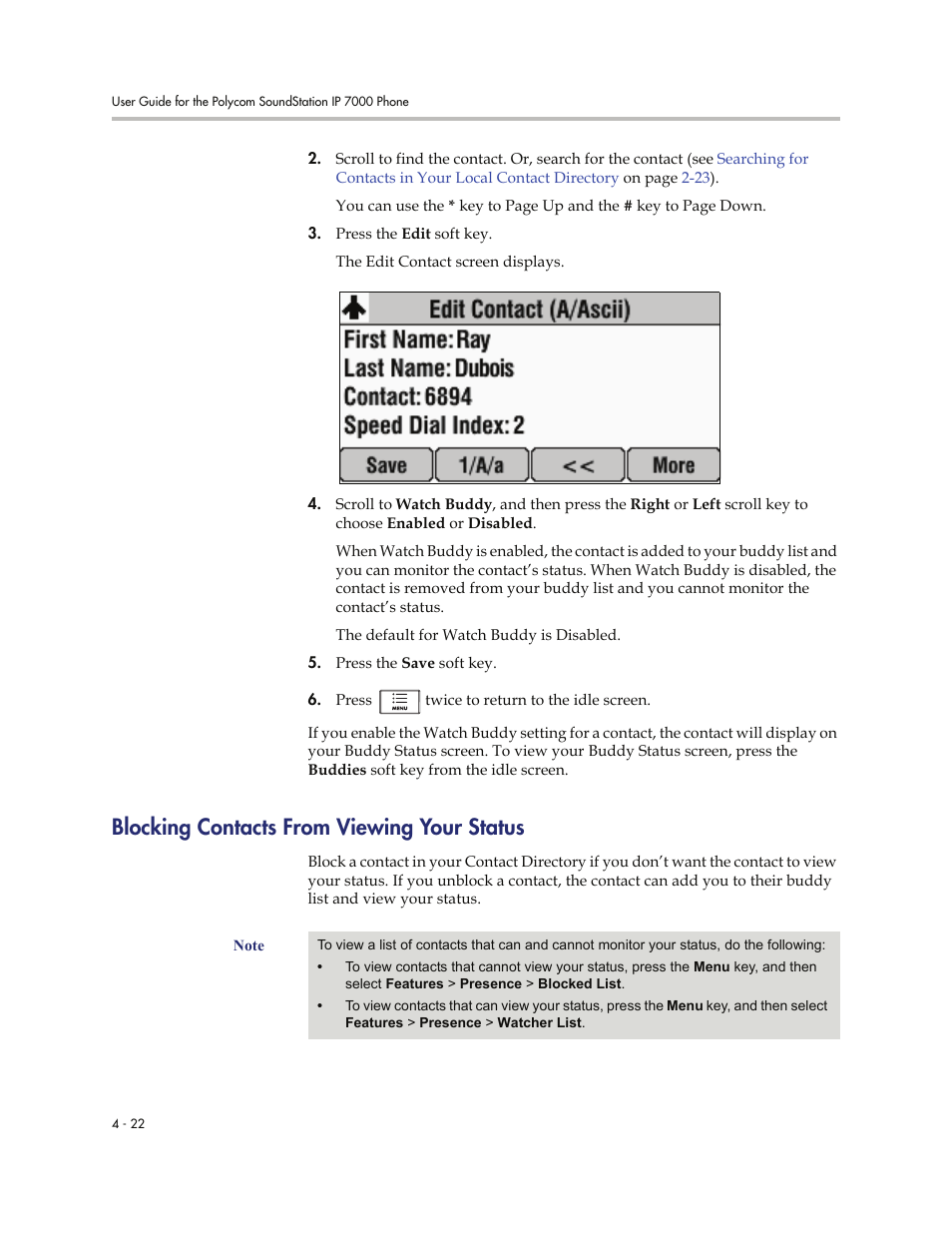 Blocking contacts from viewing your status, Blocking contacts from viewing your status -22 | Polycom 7000 User Manual | Page 108 / 130