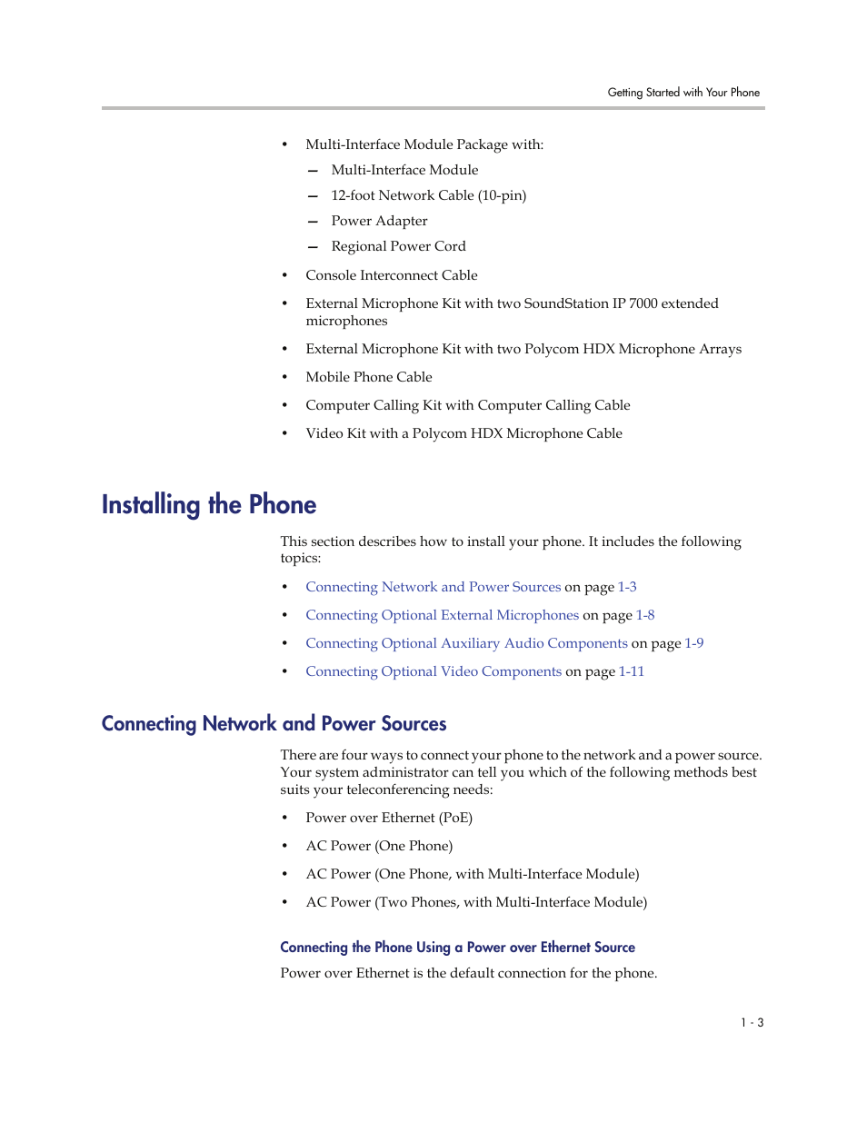 Installing the phone, Connecting network and power sources, Installing the phone -3 | Connecting network and power sources -3 | Polycom 7000 User Manual | Page 11 / 130