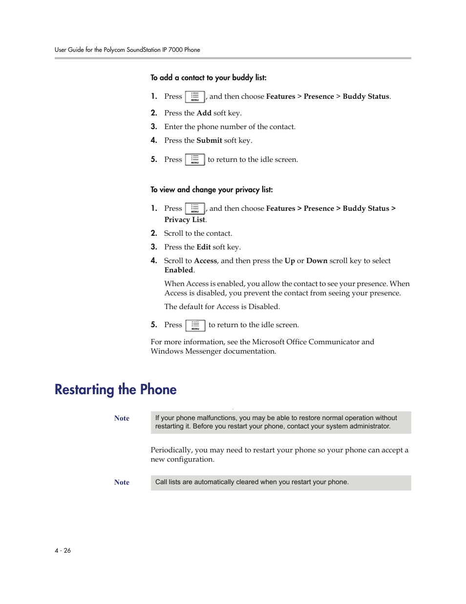 Restarting the phone, Restarting the phone -26, Restarting the | Phone | Polycom 7000 User Manual | Page 112 / 130