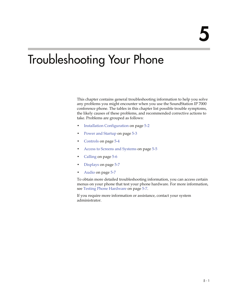 Troubleshooting your phone, 5 troubleshooting your phone -1 | Polycom 7000 User Manual | Page 115 / 130