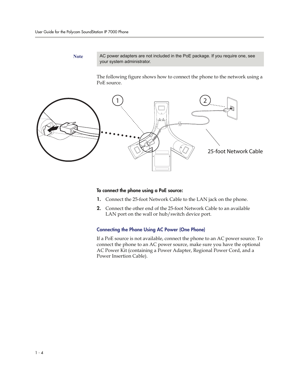 Connecting the phone using ac power (one phone) -4 | Polycom 7000 User Manual | Page 12 / 130