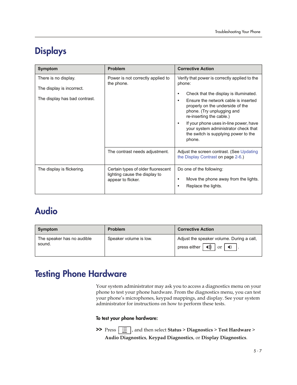 Displays, Audio, Testing phone hardware | Displays -7 audio -7 testing phone hardware -7, Displays audio testing phone hardware | Polycom 7000 User Manual | Page 121 / 130