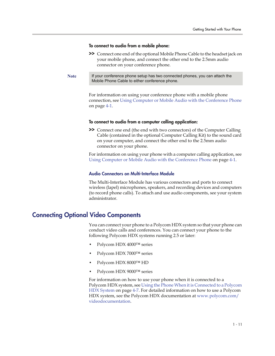 Connecting optional video components, Audio connectors on multi-interface module -11, Connecting optional video components -11 | Polycom 7000 User Manual | Page 19 / 130