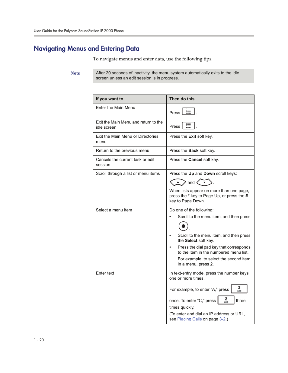 Navigating menus and entering data, Navigating menus and entering data -20 | Polycom 7000 User Manual | Page 28 / 130