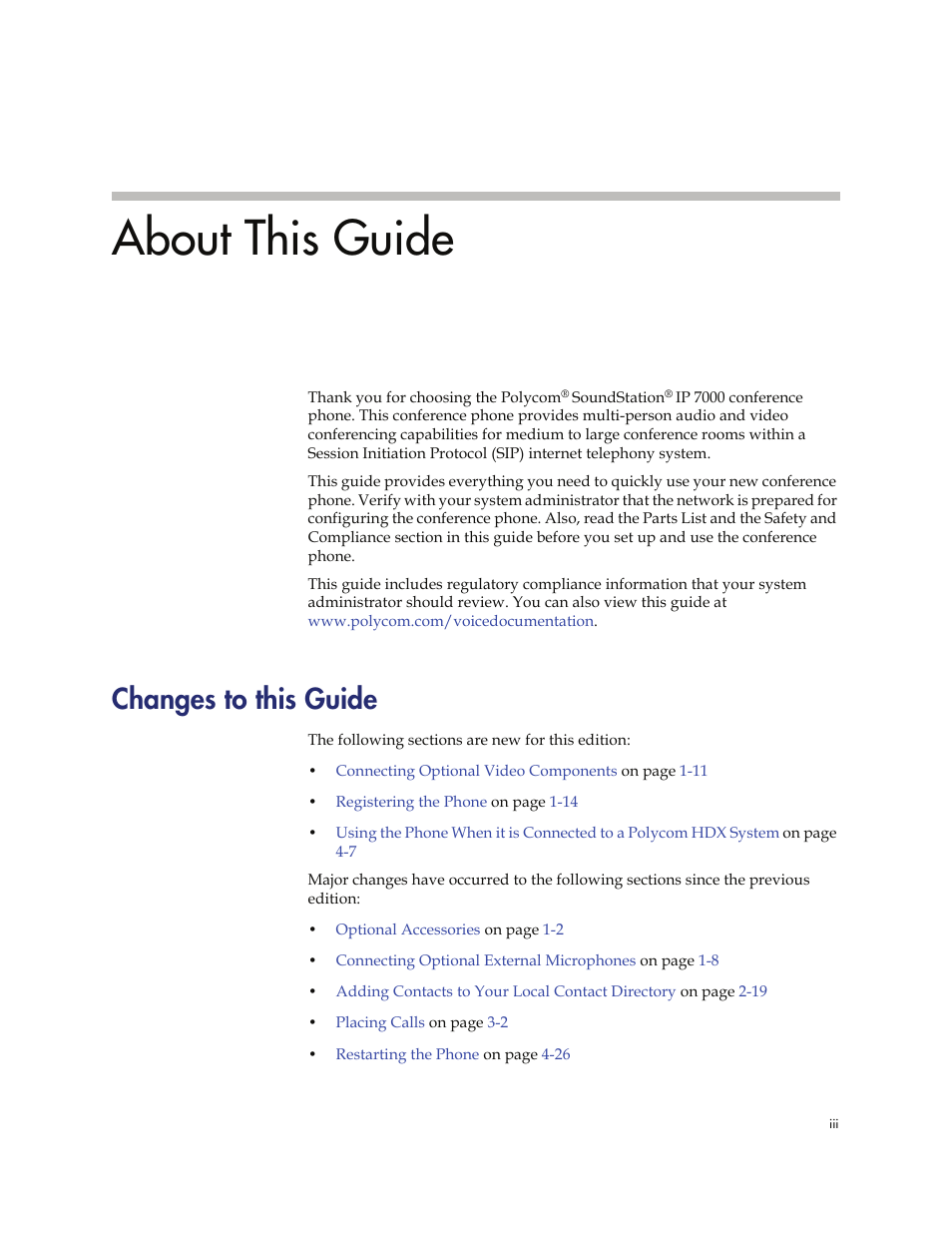 About this guide, Changes to this guide | Polycom 7000 User Manual | Page 3 / 130