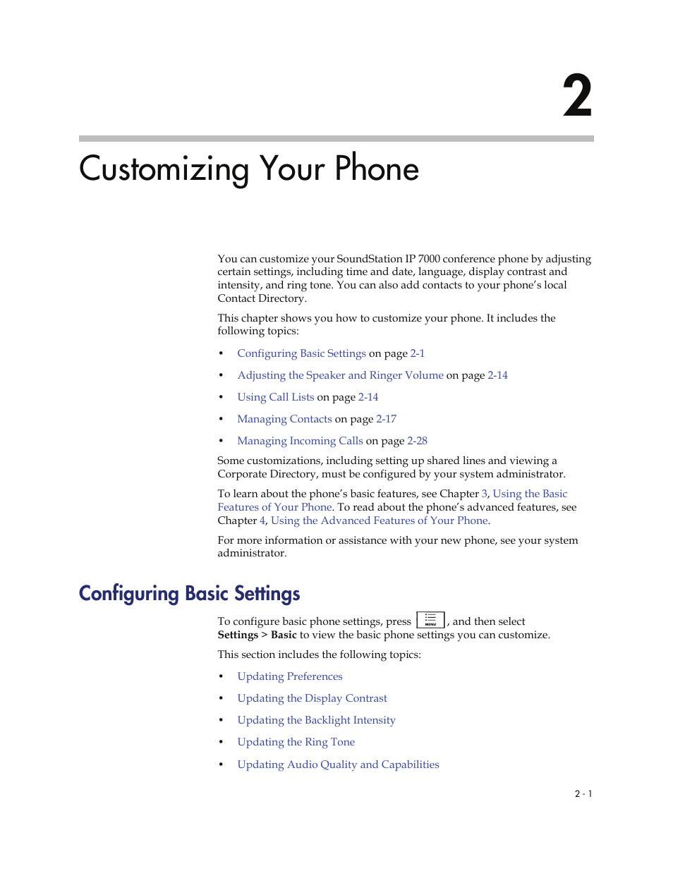 Customizing your phone, Configuring basic settings, 2 customizing your phone -1 | Configuring basic settings -1, Chapter, 2, customizing your phone | Polycom 7000 User Manual | Page 31 / 130