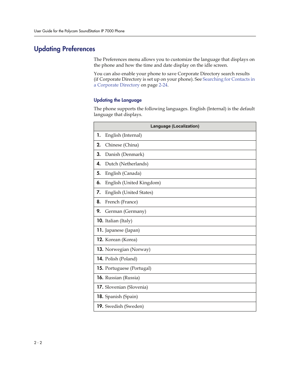 Updating preferences, Updating preferences -2, Updating the language -2 | Polycom 7000 User Manual | Page 32 / 130