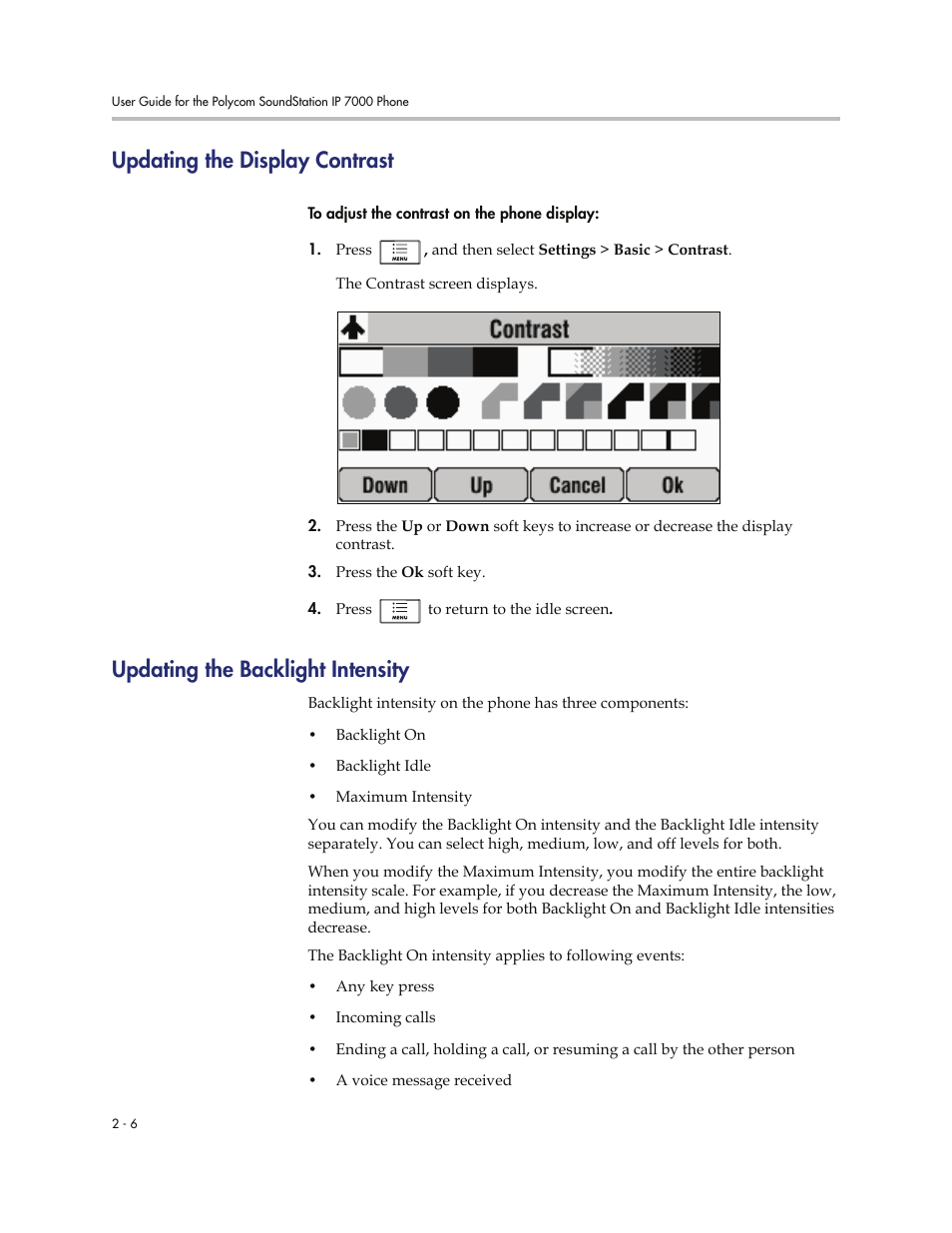 Updating the display contrast, Updating the backlight intensity | Polycom 7000 User Manual | Page 36 / 130