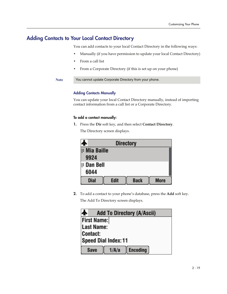 Adding contacts to your local contact directory, Adding contacts manually -19 | Polycom 7000 User Manual | Page 49 / 130