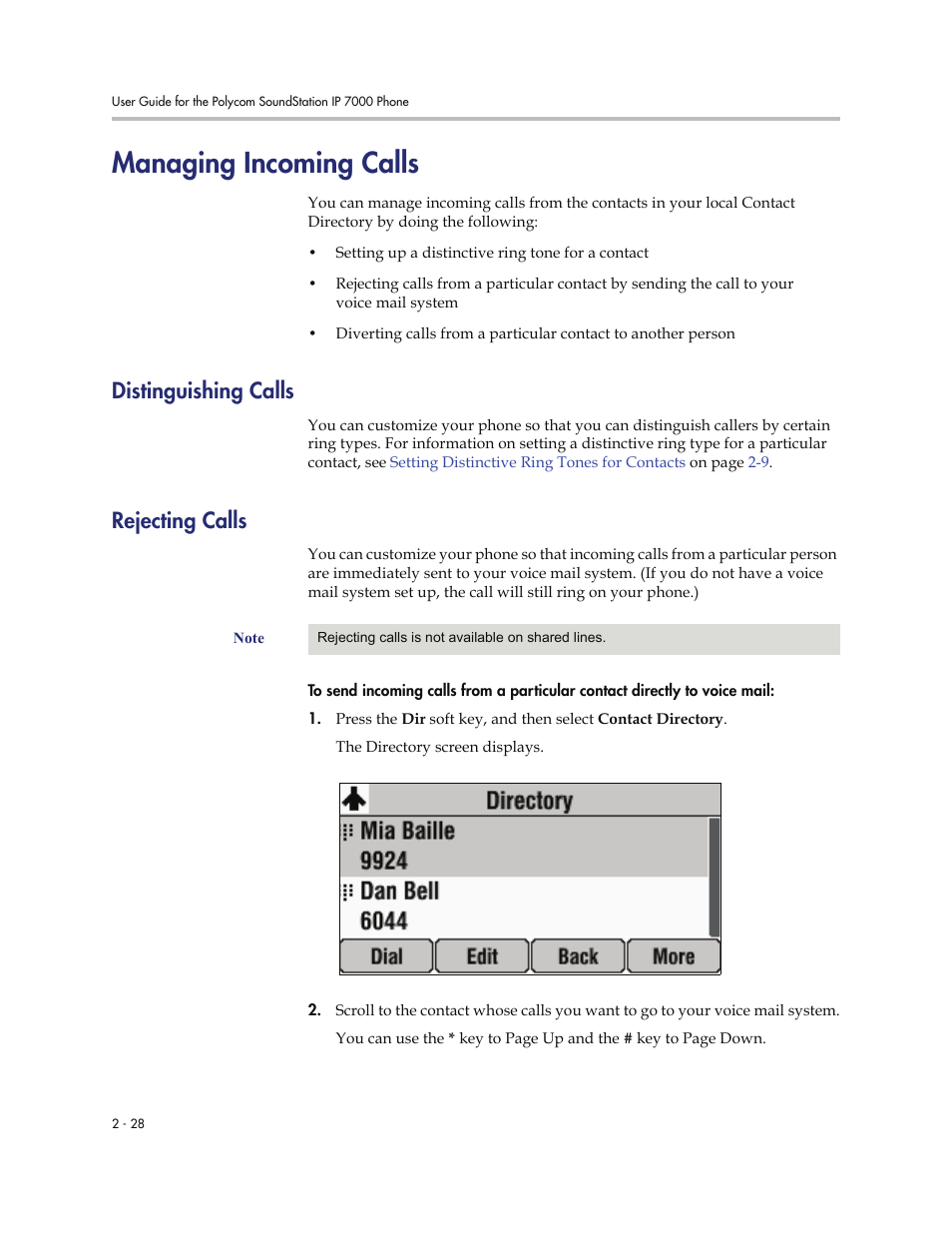 Managing incoming calls, Distinguishing calls, Rejecting calls | Managing incoming calls -28, Distinguishing calls -28 rejecting calls -28 | Polycom 7000 User Manual | Page 58 / 130