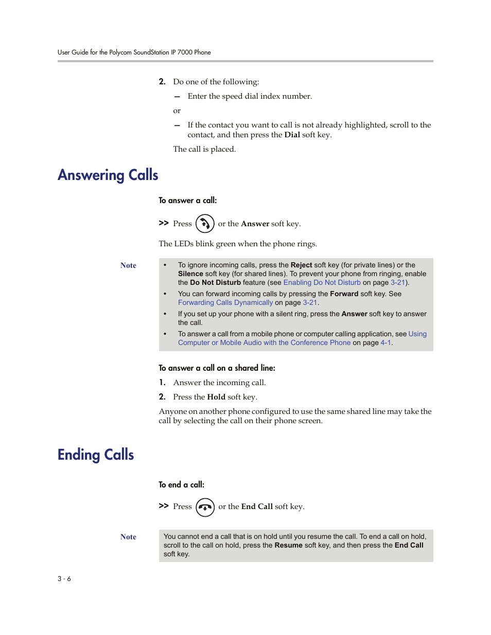 Answering calls, Ending calls, Answering calls -6 ending calls -6 | Polycom 7000 User Manual | Page 68 / 130