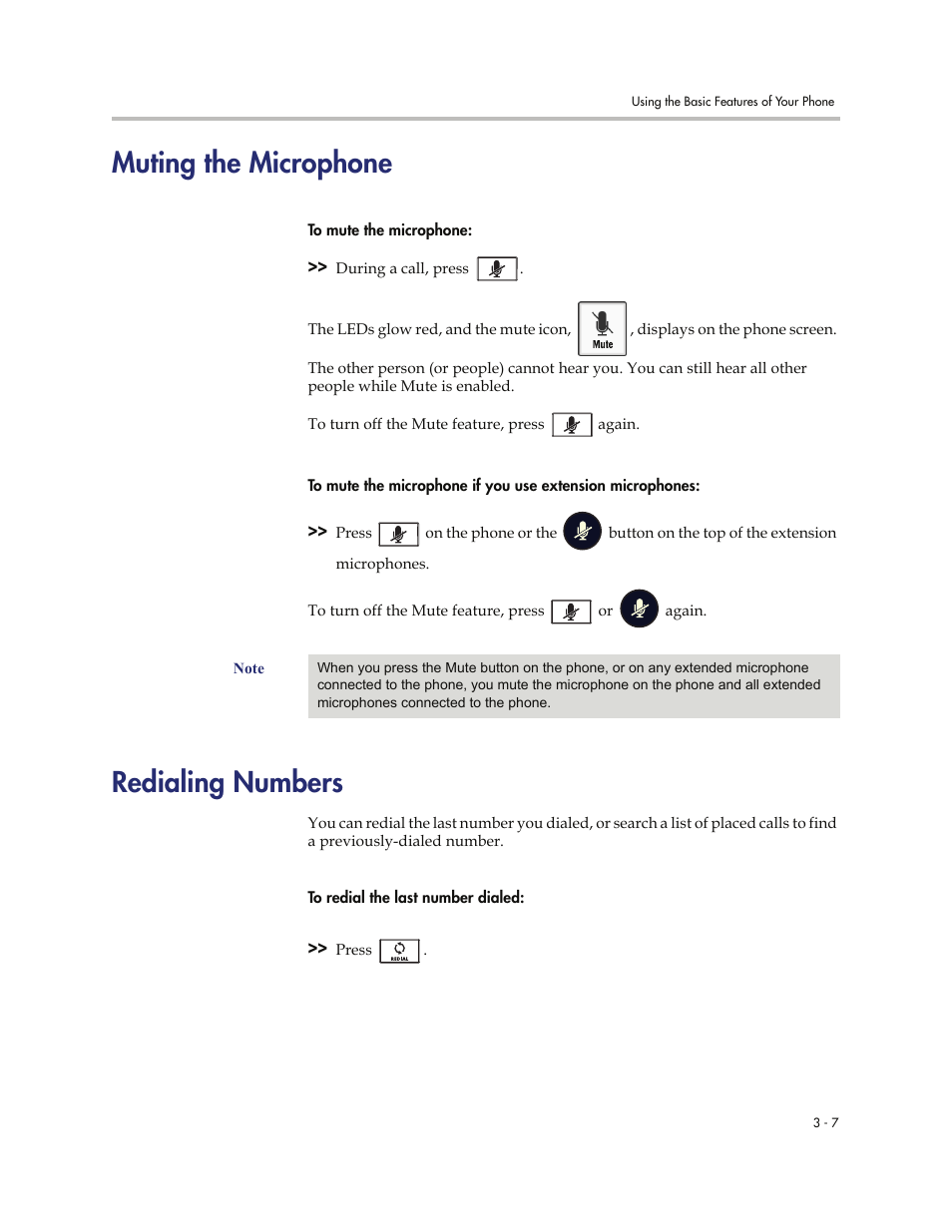 Muting the microphone, Redialing numbers, Muting the microphone -7 redialing numbers -7 | Polycom 7000 User Manual | Page 69 / 130