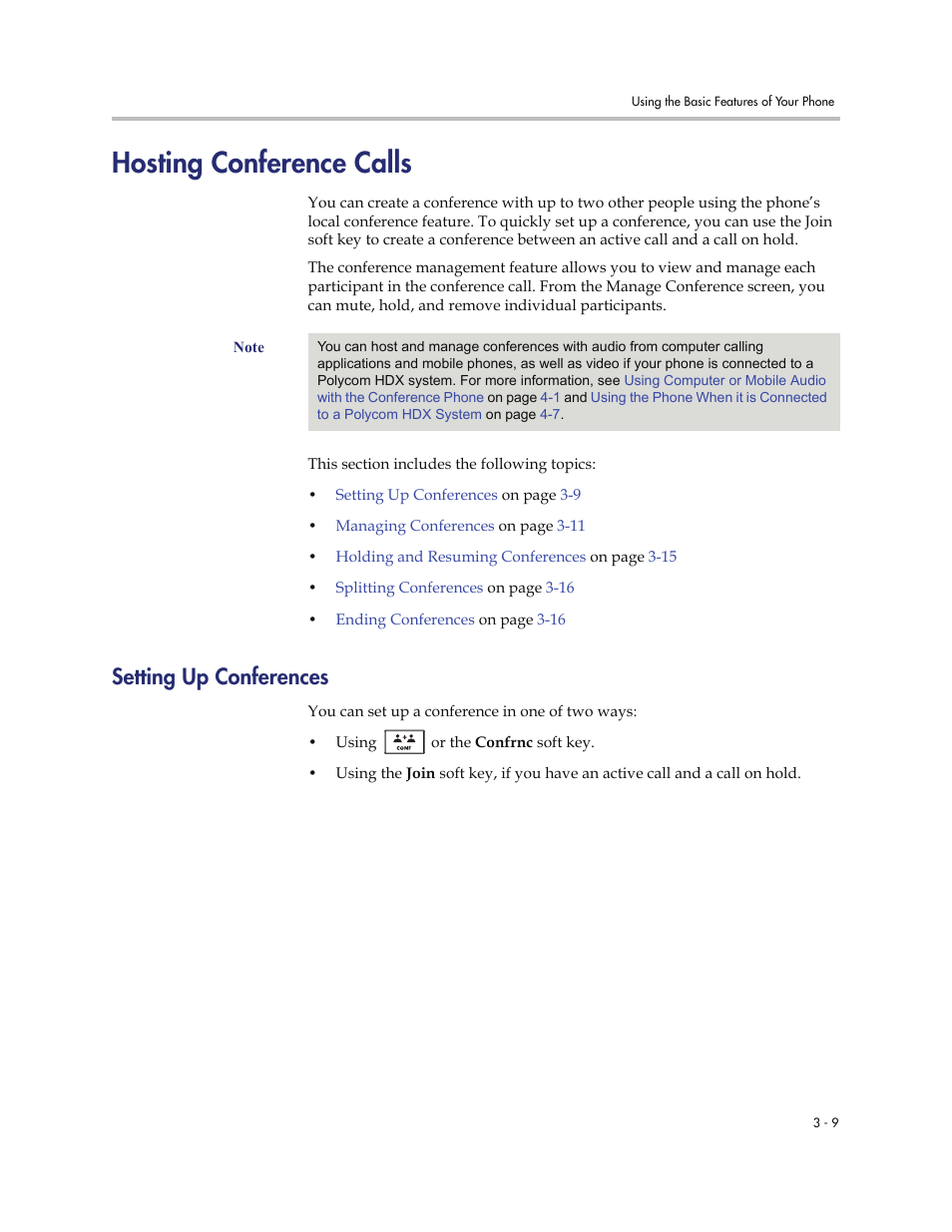 Hosting conference calls, Setting up conferences, Hosting conference calls -9 | Setting up conferences -9, Ss. see, Hosting, Conference calls | Polycom 7000 User Manual | Page 71 / 130