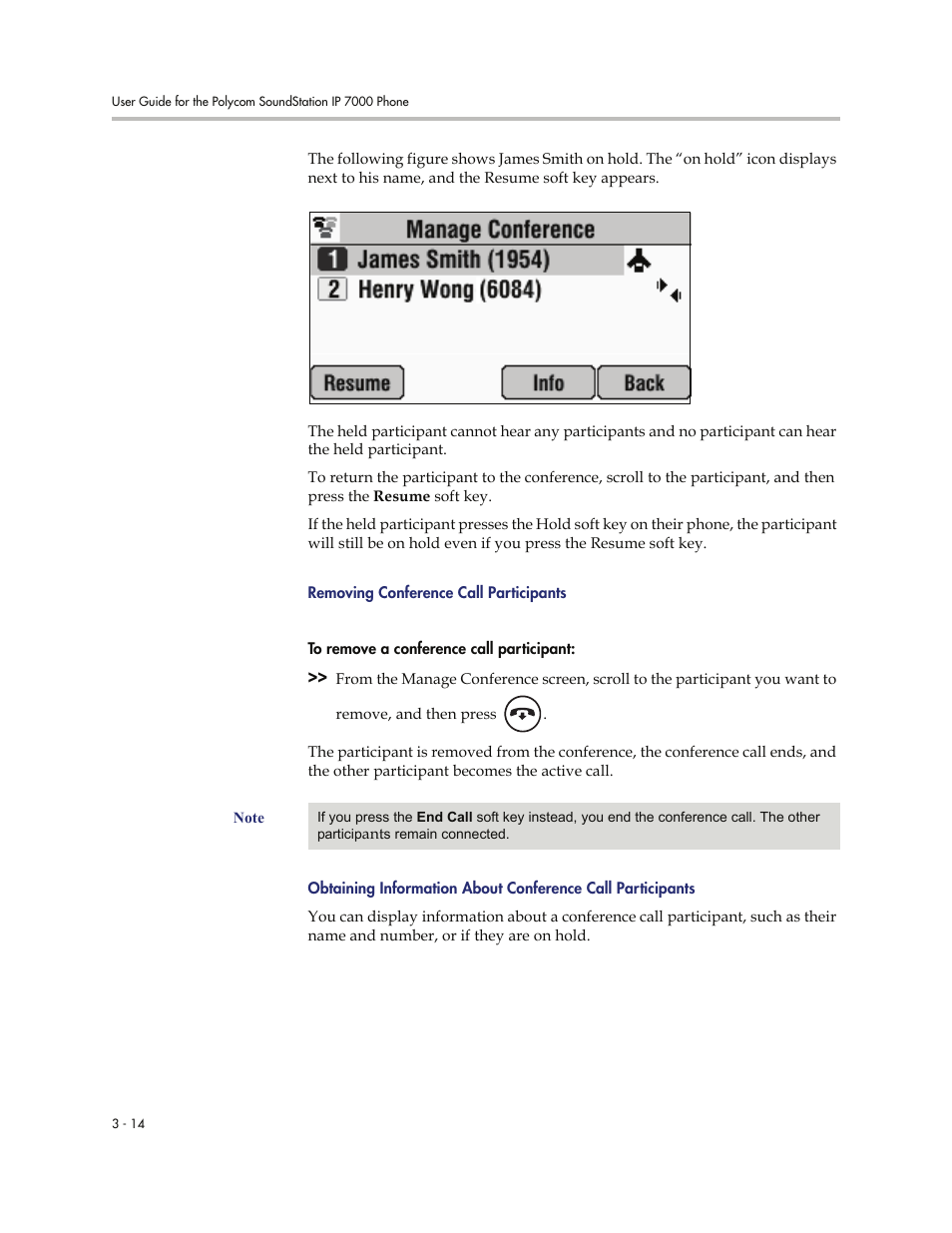 Removing, Conference call participants | Polycom 7000 User Manual | Page 76 / 130